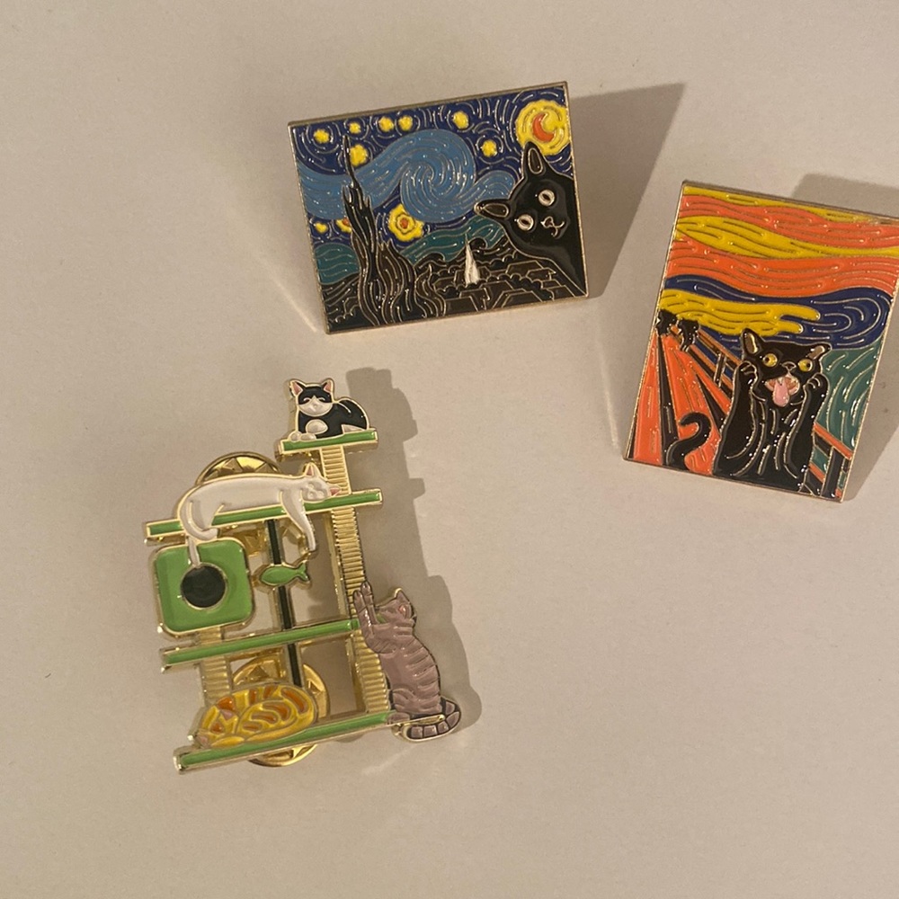 NEW! Bundle of 3 cat lover enamel pins: artistic, funny, cute